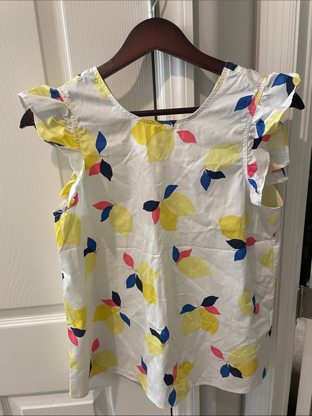 kate spade White Lemon-Print Flutter Sleeve Dress with Blue and Pink Accents